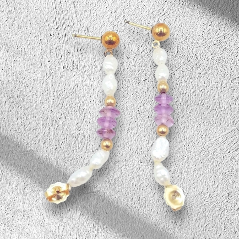 Yellow Gold Filled Amethyst & Pearl Earrings - Picture 2 of 3